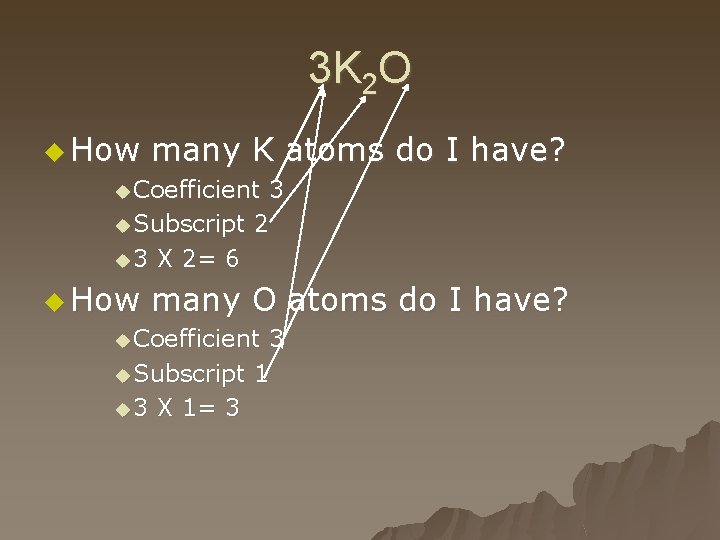 3 K 2 O u How many K atoms do I have? u Coefficient