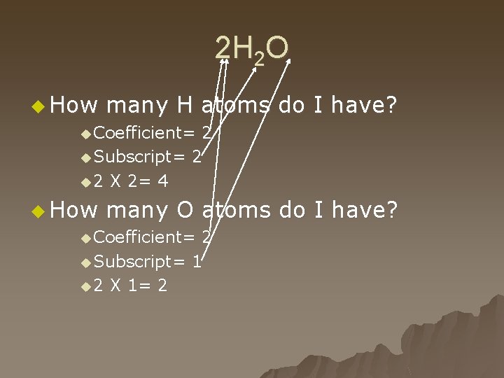 2 H 2 O u How many H atoms do I have? u Coefficient=