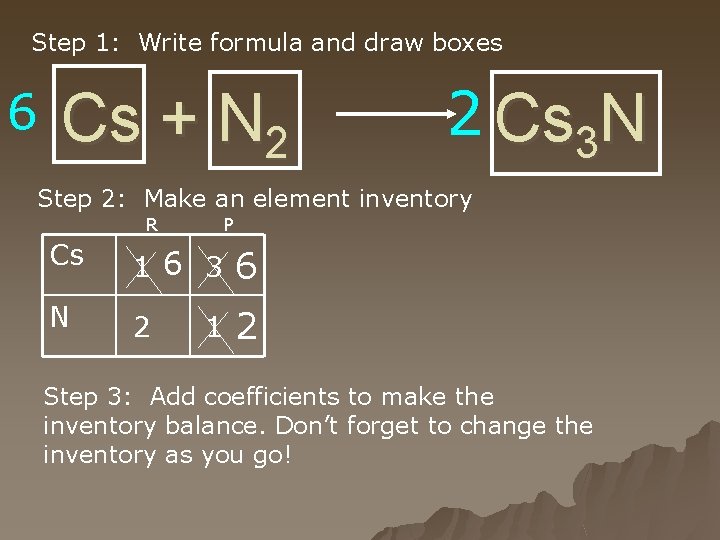 Step 1: Write formula and draw boxes 6 Cs + N 2 2 Cs