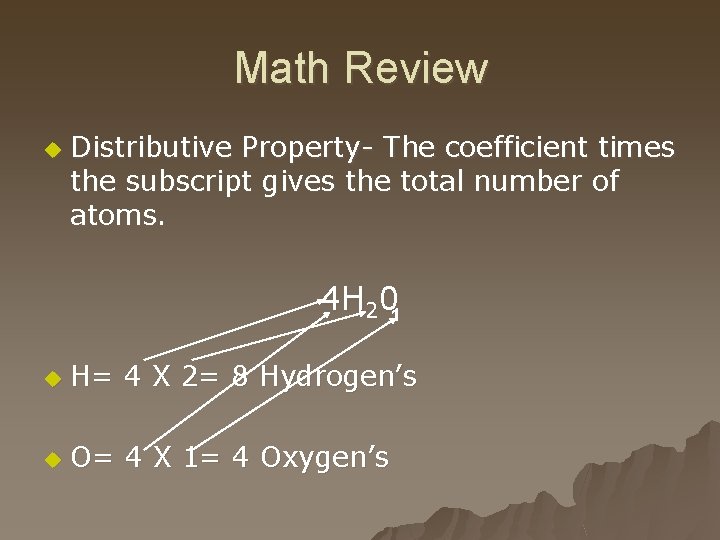 Math Review u Distributive Property- The coefficient times the subscript gives the total number