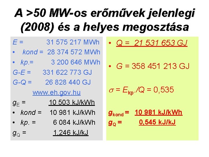 A >50 MW-os erőművek jelenlegi (2008) és a helyes megosztása E= 31 575 217