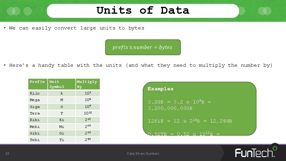 Units of Data • We can easily convert large units to bytes • Here’s Units of Data • We can easily convert large units to bytes • Here’s