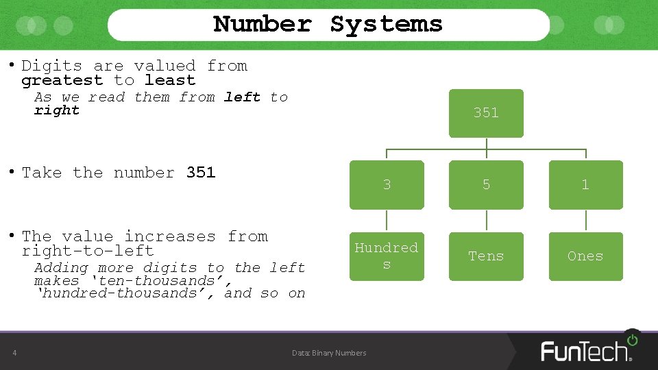Number Systems • Digits are valued from greatest to least As we read them Number Systems • Digits are valued from greatest to least As we read them