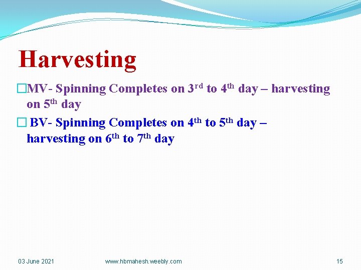 Harvesting �MV- Spinning Completes on 3 rd to 4 th day – harvesting on