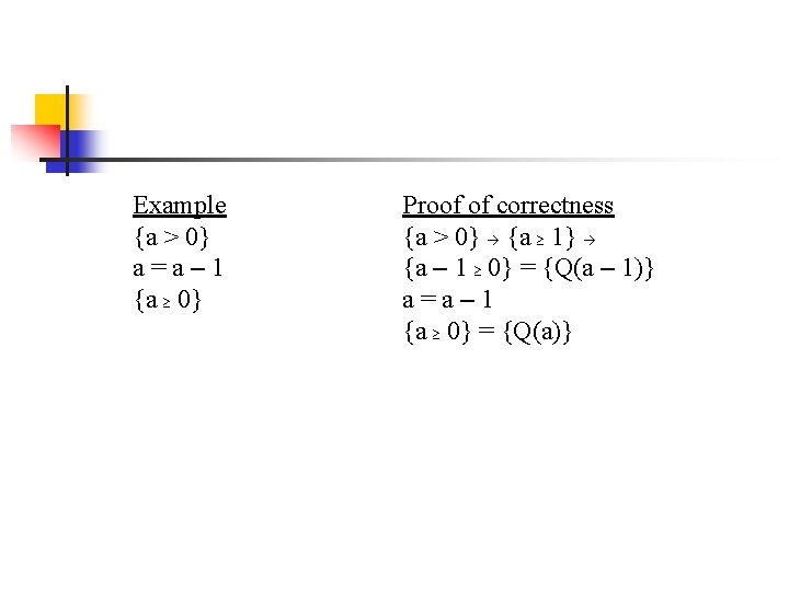 Example {a > 0} a=a– 1 {a 0} Proof of correctness {a > 0} Example {a > 0} a=a– 1 {a 0} Proof of correctness {a > 0}