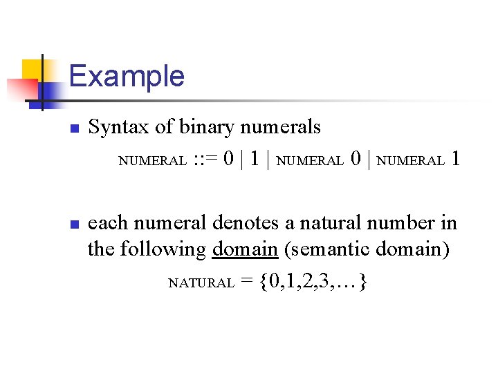 Example n n Syntax of binary numerals NUMERAL : : = 0 | 1 Example n n Syntax of binary numerals NUMERAL : : = 0 | 1