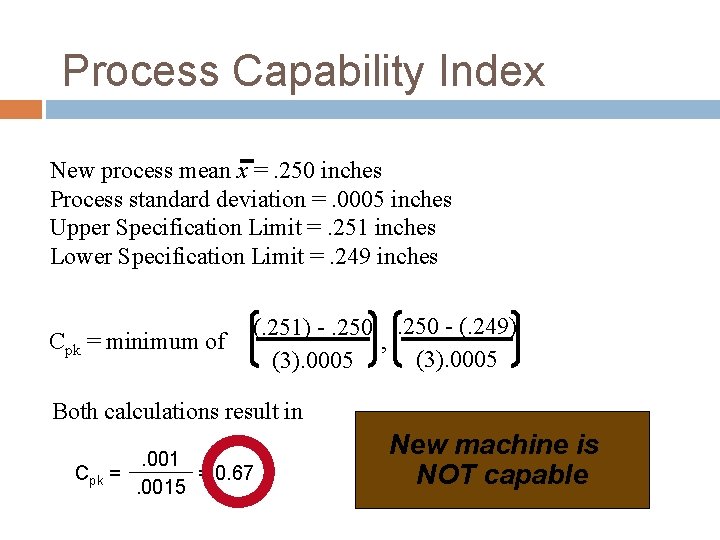 Process Capability Index New process mean x =. 250 inches Process standard deviation =. Process Capability Index New process mean x =. 250 inches Process standard deviation =.