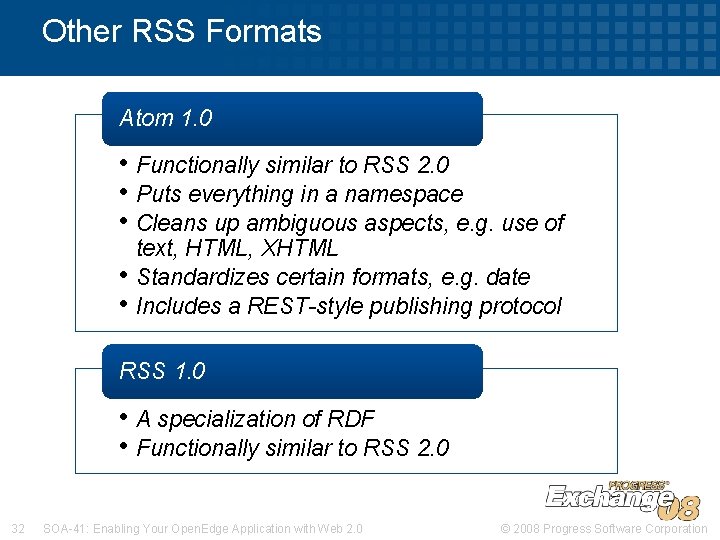 Other RSS Formats Atom 1. 0 • Functionally similar to RSS 2. 0 •