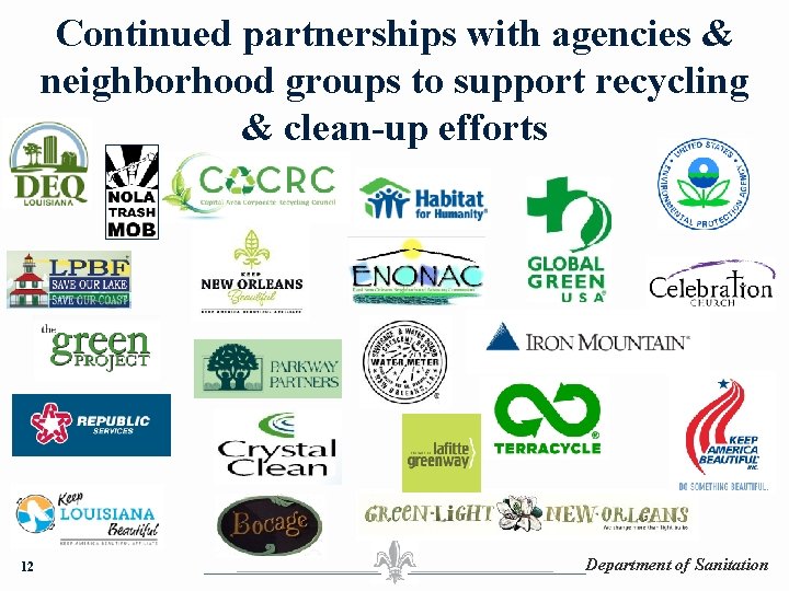 Continued partnerships with agencies & neighborhood groups to support recycling & clean-up efforts 12