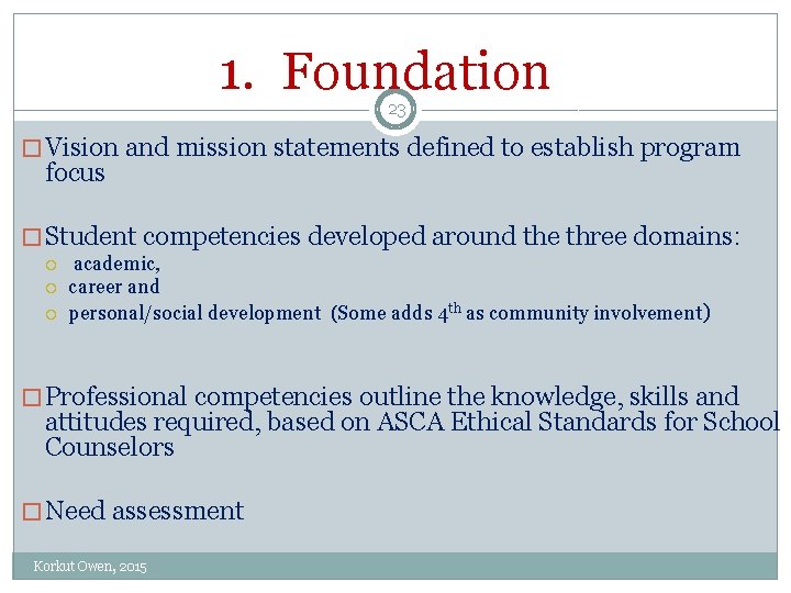 1. Foundation 23 � Vision and mission statements defined to establish program focus �