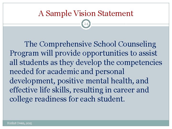 A Sample Vision Statement 24 The Comprehensive School Counseling Program will provide opportunities to