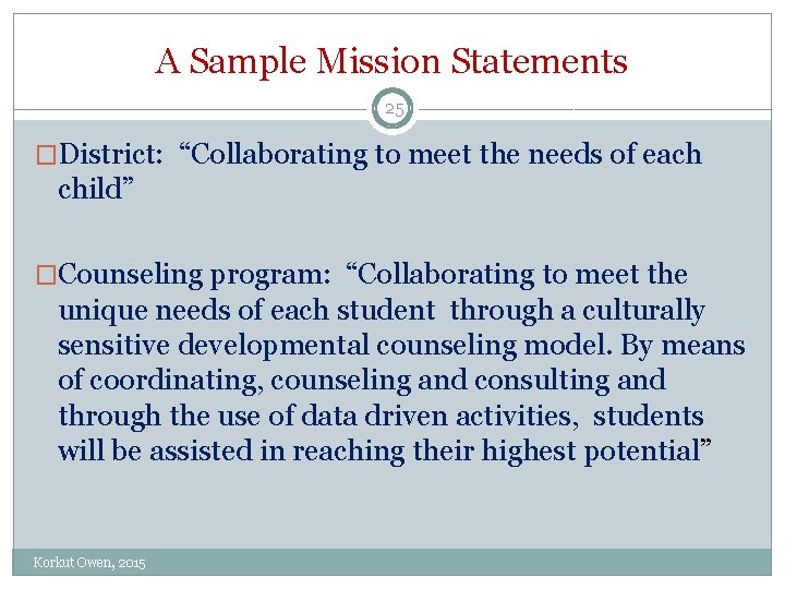 A Sample Mission Statements 25 �District: “Collaborating to meet the needs of each child” A Sample Mission Statements 25 �District: “Collaborating to meet the needs of each child”