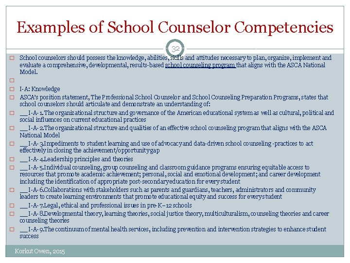 Examples of School Counselor Competencies 32 � School counselors should possess the knowledge, abilities,