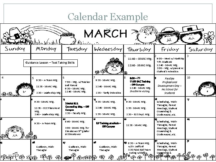 Calendar Example 35 1 11: 40 – SBARC Mtg. Guidance Lesson – Test Taking