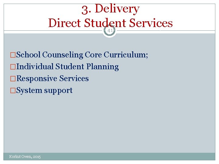 3. Delivery Direct Student Services 41 �School Counseling Core Curriculum; �Individual Student Planning �Responsive