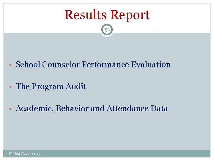 Results Report 50 • School Counselor Performance Evaluation • The Program Audit • Academic,