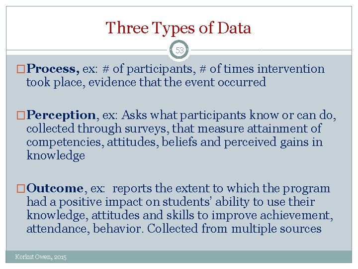 Three Types of Data 53 �Process, ex: # of participants, # of times intervention