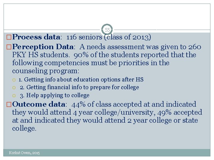 55 �Process data: 116 seniors (class of 2013) �Perception Data: A needs assessment was