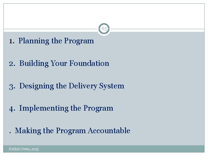 65 1. Planning the Program 2. Building Your Foundation 3. Designing the Delivery System 65 1. Planning the Program 2. Building Your Foundation 3. Designing the Delivery System