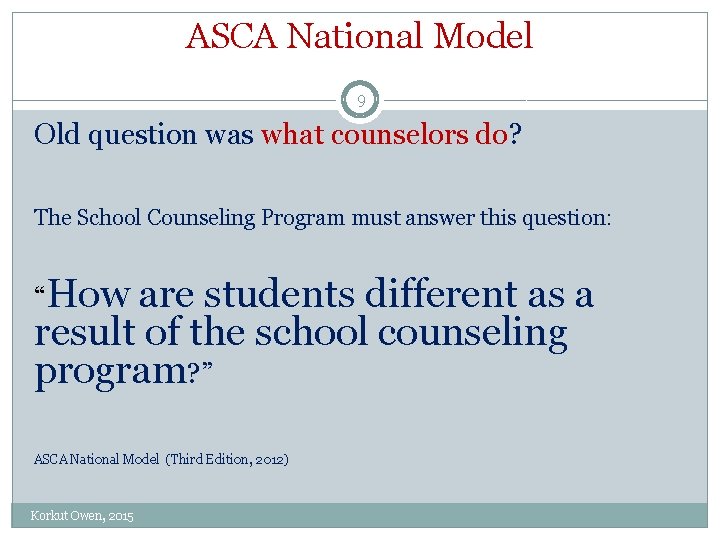 ASCA National Model 9 Old question was what counselors do? The School Counseling Program