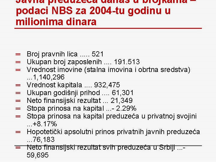 Javna preduzeća danas u brojkama – podaci NBS za 2004 -tu godinu u milionima