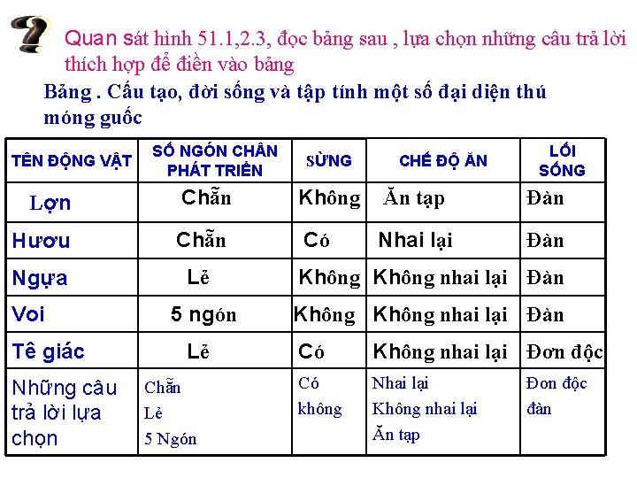 Quan sát hình 51. 1, 2. 3, đọc bảng sau , lựa chọn những