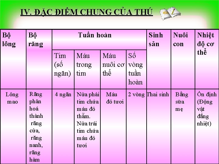 IV. ĐẶC ĐIỂM CHUNG CỦA THÚ Bộ lông Bộ răng Tuần hoàn Tim Máu