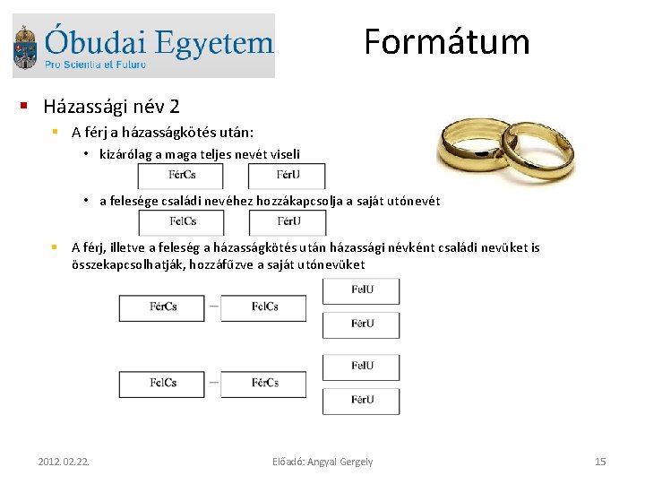 Formátum § Házassági név 2 § A férj a házasságkötés után: • kizárólag a