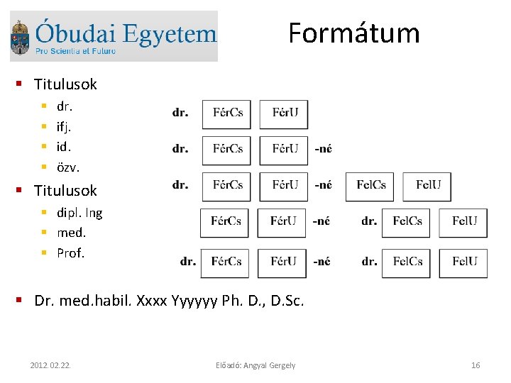 Formátum § Titulusok § § dr. ifj. id. özv. § Titulusok § dipl. Ing