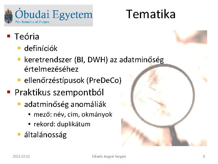 Tematika § Teória § definíciók § keretrendszer (BI, DWH) az adatminőség értelmezéséhez § ellenőrzéstípusok