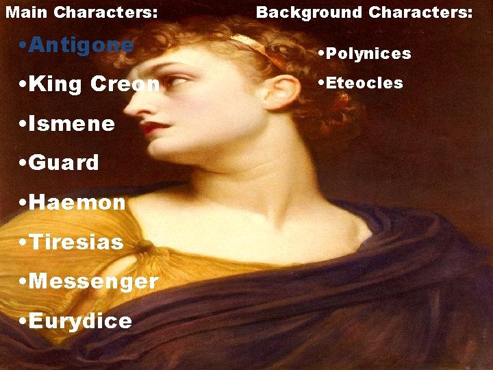 Main Characters: Background Characters: • Antigone • Polynices • King Creon • Eteocles •