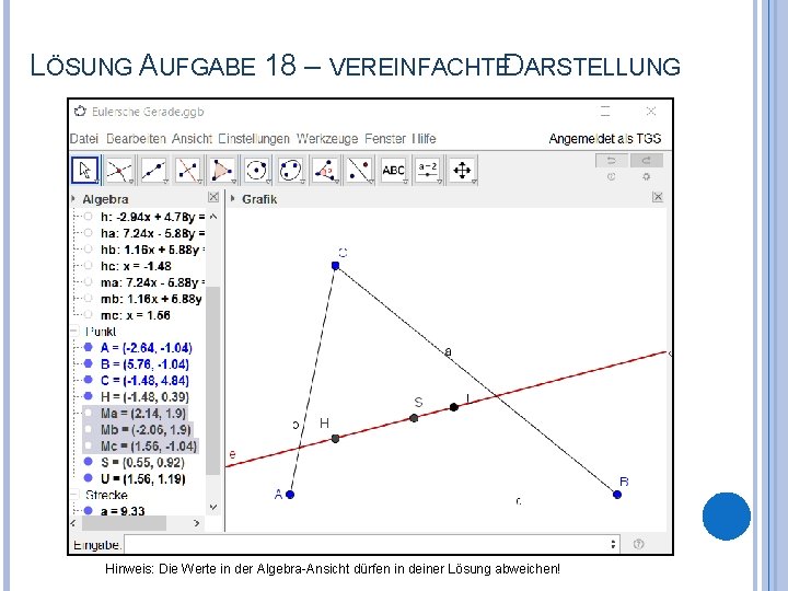 LÖSUNG AUFGABE 18 – VEREINFACHTEDARSTELLUNG Hinweis: Die Werte in der Algebra-Ansicht dürfen in deiner