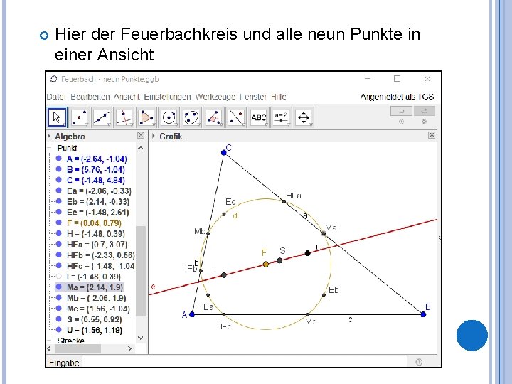  Hier der Feuerbachkreis und alle neun Punkte in einer Ansicht 