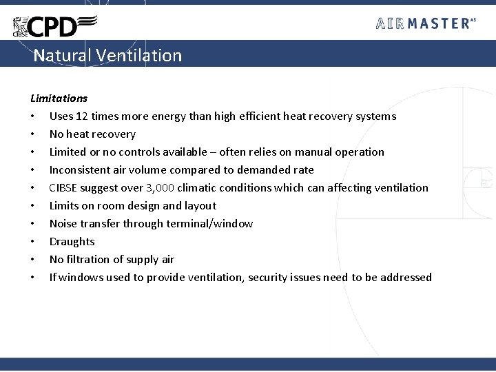 Natural Ventilation Limitations • Uses 12 times more energy than high efficient heat recovery