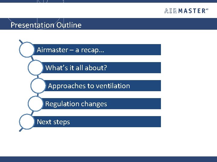 Presentation Outline Airmaster – a recap… What’s it all about? Approaches to ventilation Regulation
