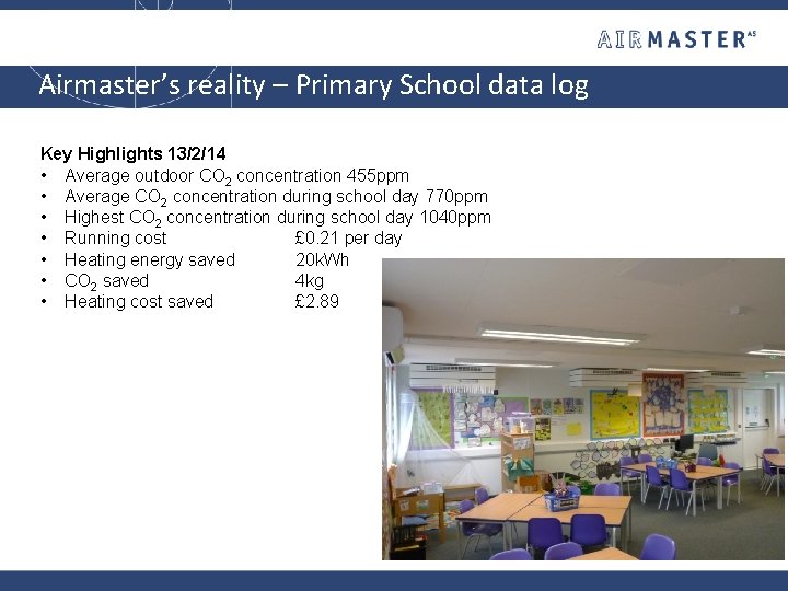 Airmaster’s reality – Primary School data log Key Highlights 13/2/14 • Average outdoor CO