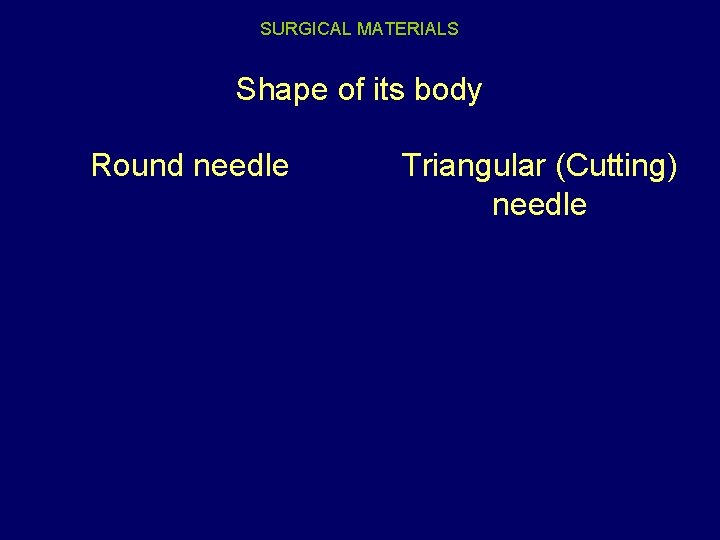 SURGICAL MATERIALS Shape of its body Round needle Triangular (Cutting) needle 