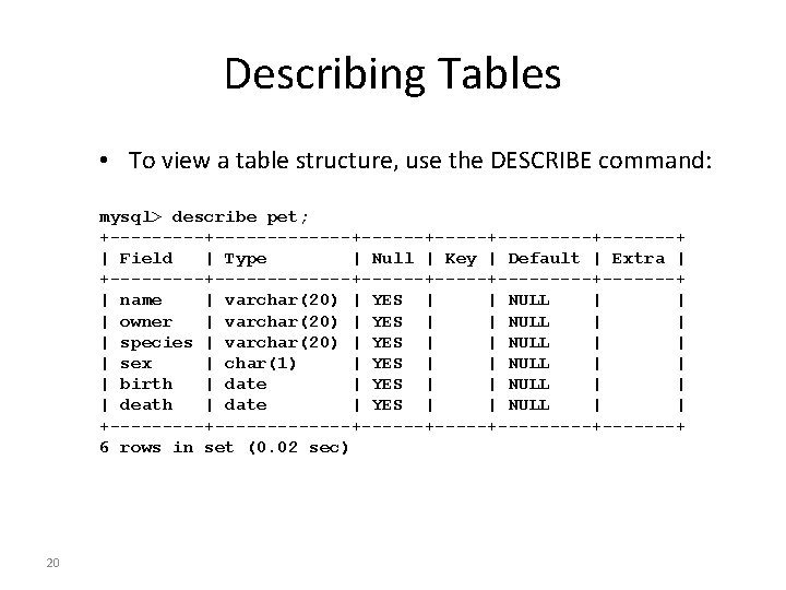 Describing Tables • To view a table structure, use the DESCRIBE command: mysql> describe