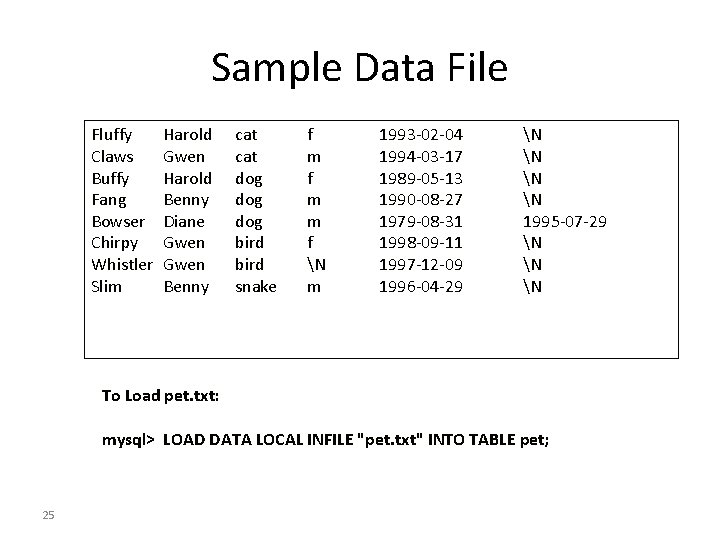 Sample Data File Fluffy Claws Buffy Fang Bowser Chirpy Whistler Slim Harold Gwen Harold