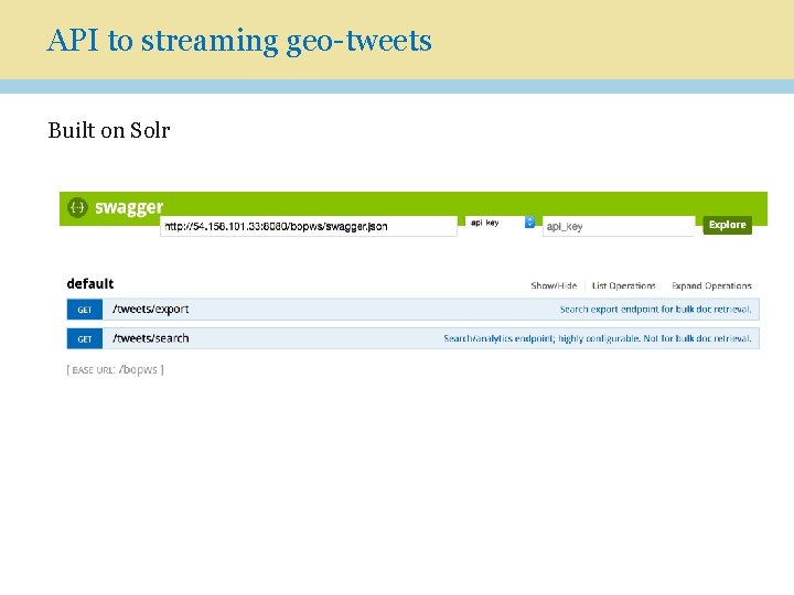 API to streaming geo-tweets Built on Solr 