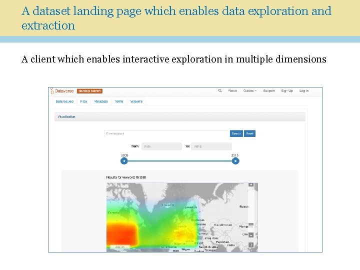 A dataset landing page which enables data exploration and extraction A client which enables