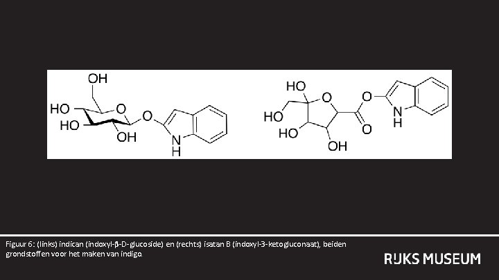 Figuur 6: (links) indican (indoxyl-β-D-glucoside) en (rechts) isatan B (indoxyl-3 -ketogluconaat), beiden grondstoffen voor