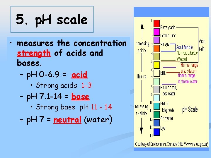 5. p. H scale • measures the concentration strength of acids and bases. –