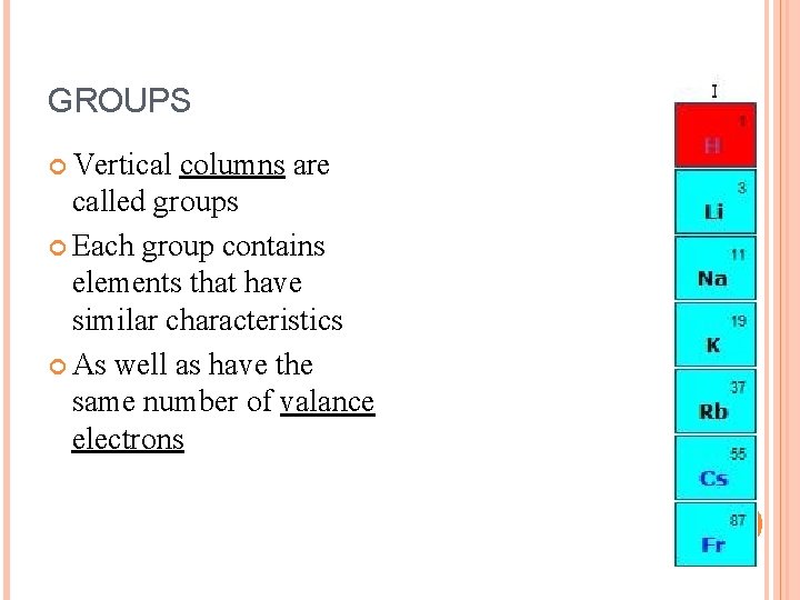 GROUPS Vertical columns are called groups Each group contains elements that have similar characteristics