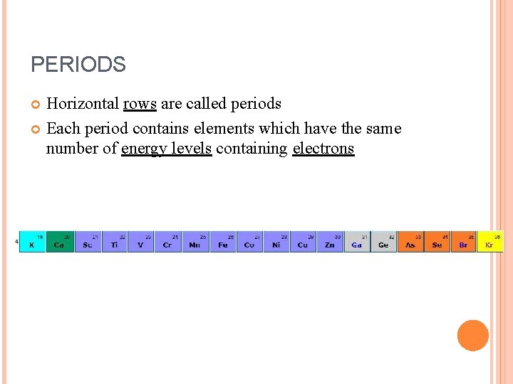 PERIODS Horizontal rows are called periods Each period contains elements which have the same