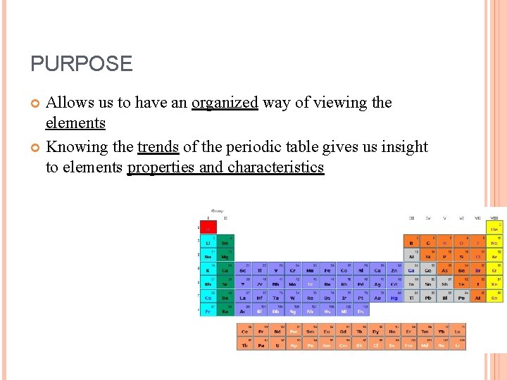 PURPOSE Allows us to have an organized way of viewing the elements Knowing the