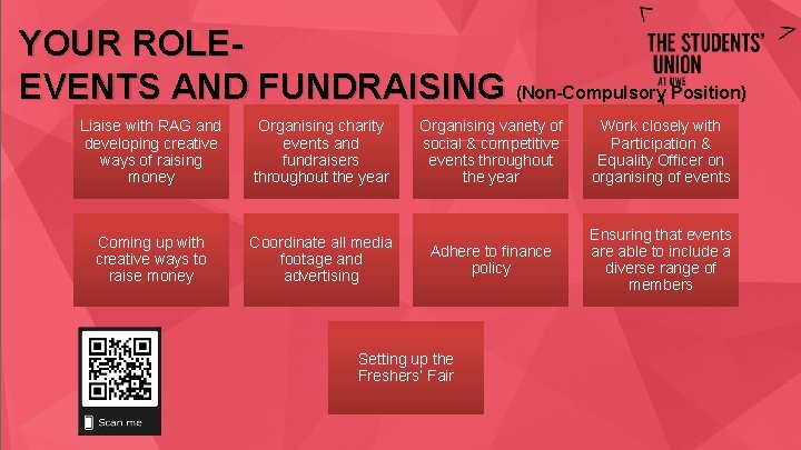 YOUR ROLEEVENTS AND FUNDRAISING (Non-Compulsory Position) Liaise with RAG and developing creative ways of