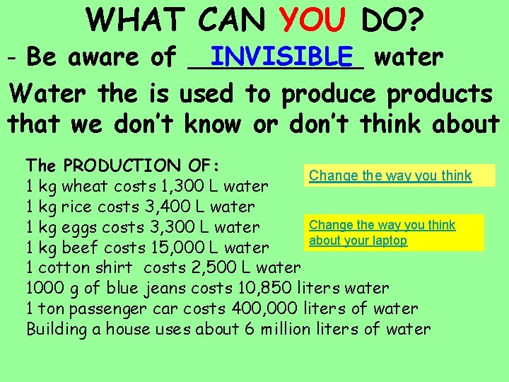 WHAT CAN YOU DO? - Be aware of ______ INVISIBLE water Water the is