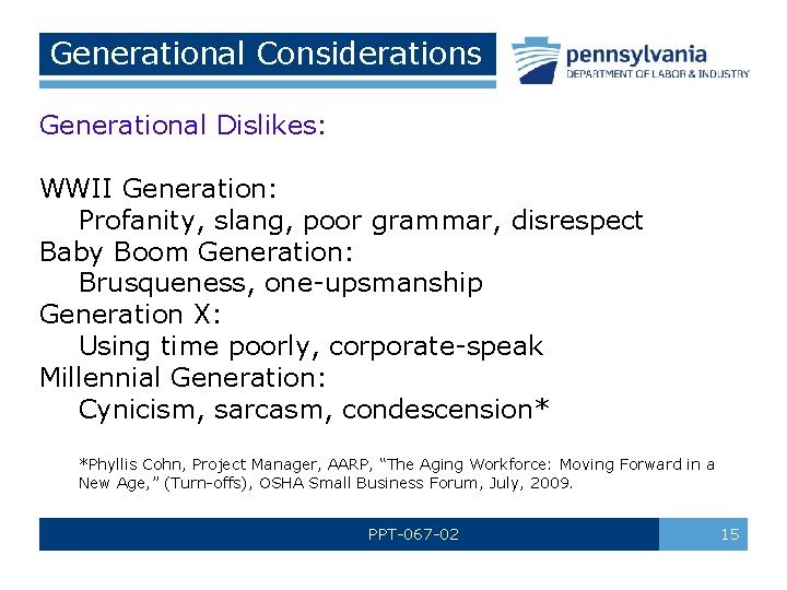 Generational Considerations Generational Dislikes: WWII Generation: Profanity, slang, poor grammar, disrespect Baby Boom Generation: