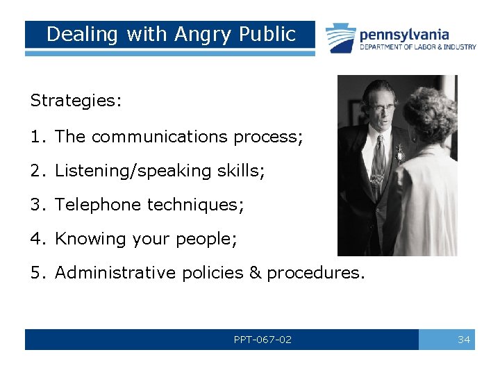 Dealing with Angry Public Strategies: 1. The communications process; 2. Listening/speaking skills; 3. Telephone